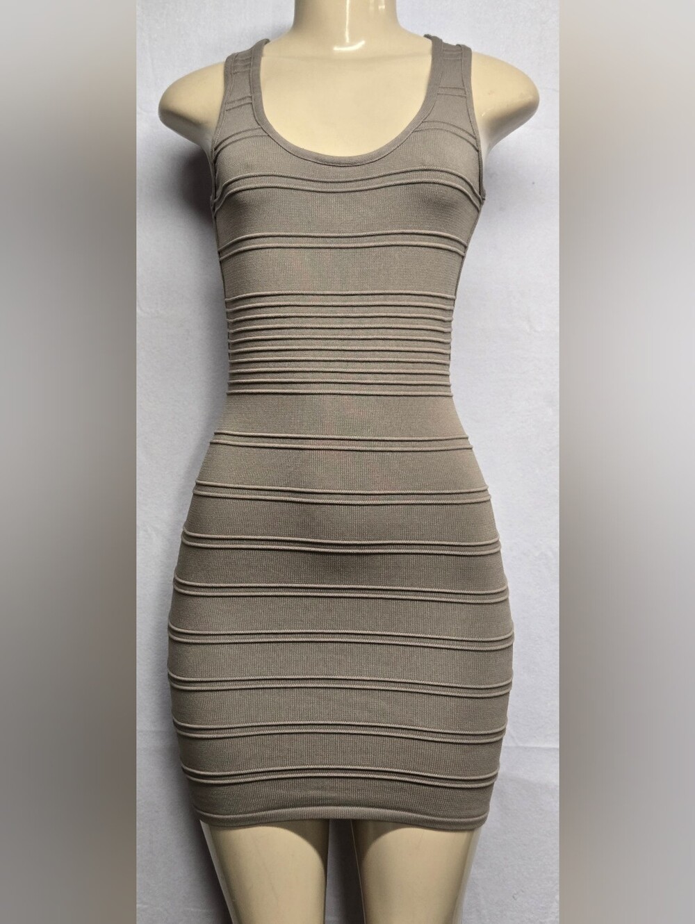 Wow Couture S Bodycon Mini Dress Tan Ribbed Knit Strappy Zipper